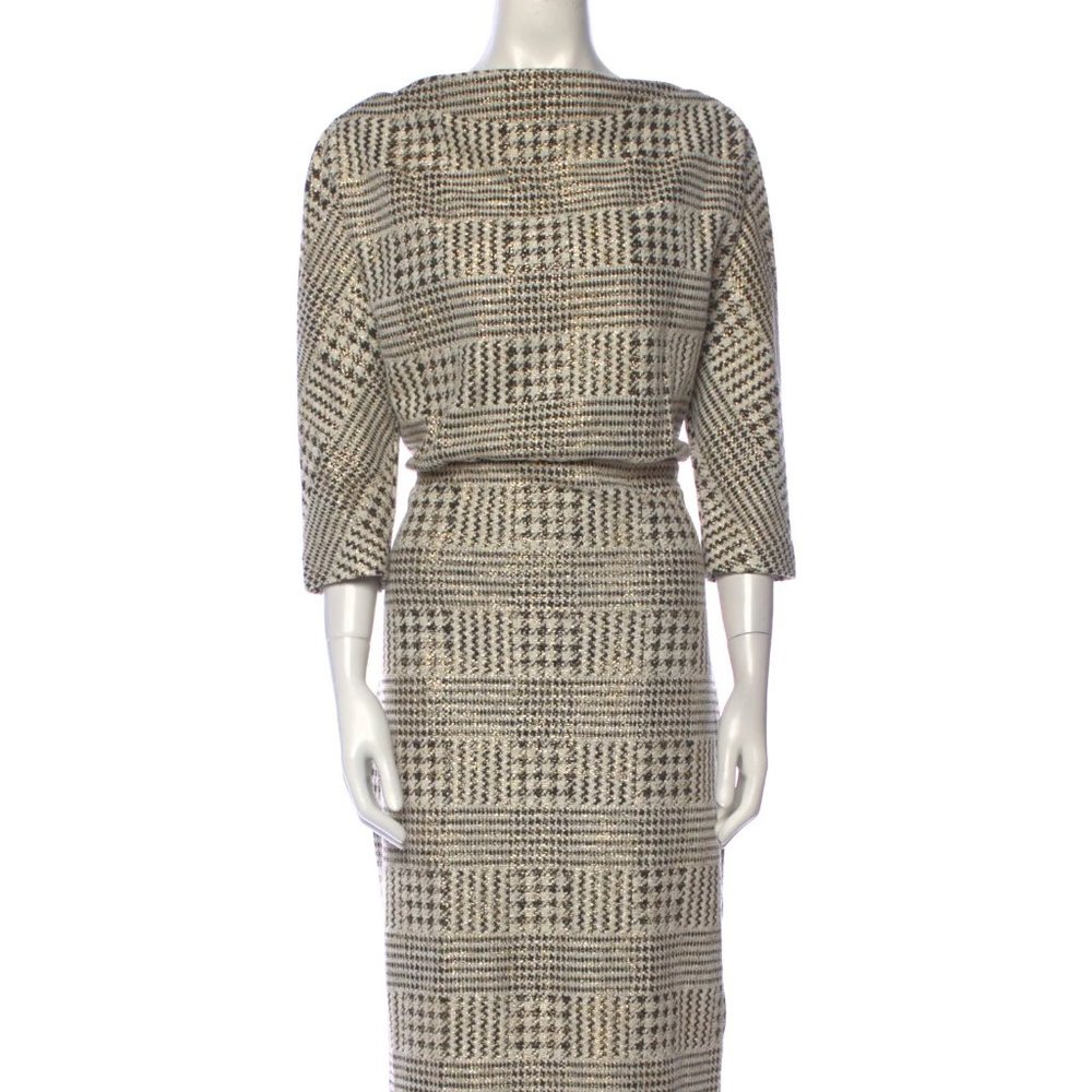 ❤️BADGLEY MISCHKA TWEED GOLD METALLIC & BLACK Houndstooth Evening Dress Sz XL